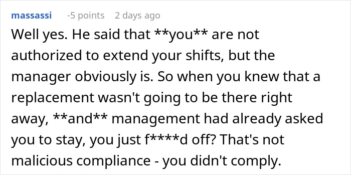 Comment discussing a cashier told not to work overtime and management's reaction during a workplace crisis.