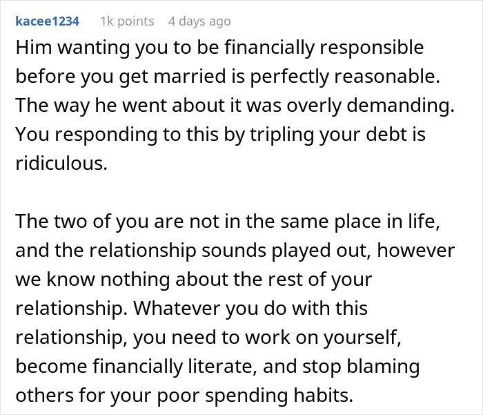 Reddit comment discussing boyfriend giving girlfriend time to fix finances before marriage, emphasizing financial responsibility.
