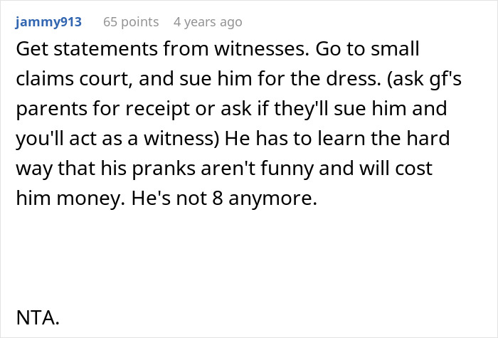 Comment advising to get witness statements and sue for pranks, highlighting groom pranks and consequences in wedding context.