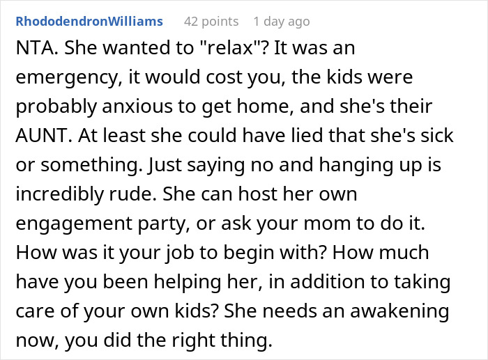Screenshot of a social media comment discussing a woman asking for favors from family without reciprocating help.