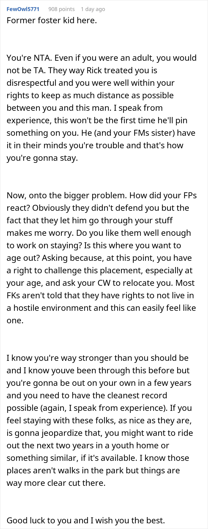 Comment from former foster kid advising on rights and challenges when an entitled guy treats foster teen as a thief.