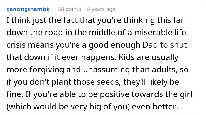 Comment discussing a father's concern about family crisis and forgiveness after a wife's secret is exposed.