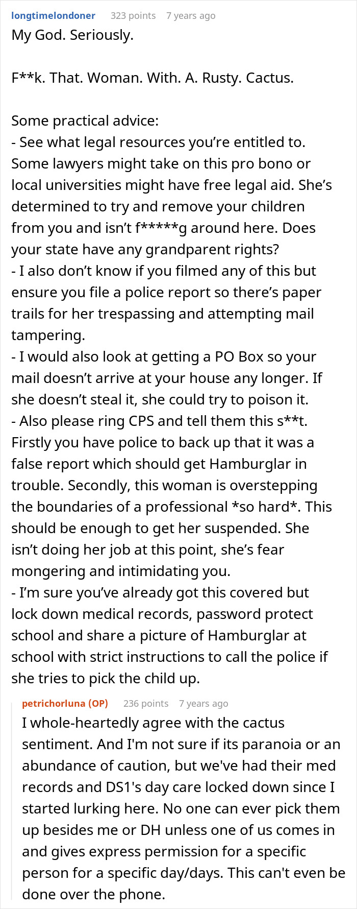 Reddit comment thread discussing a couple suspecting step-mom, nicknamed Hamburglar, of stealing their food.