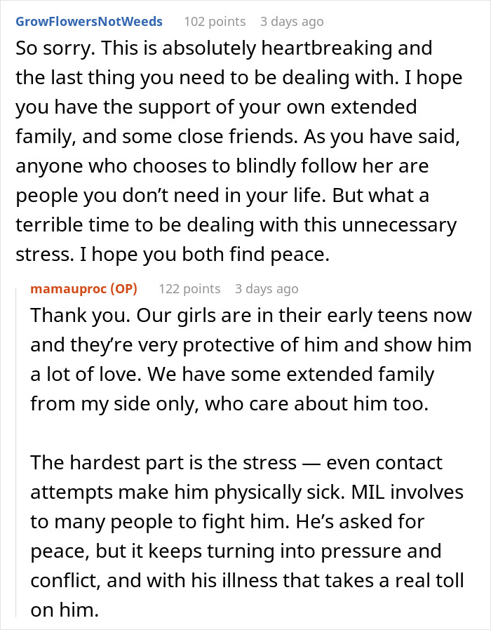 Reddit comments discussing a mother-in-law praised by family but causing stress with ultimatum to her terminal son.