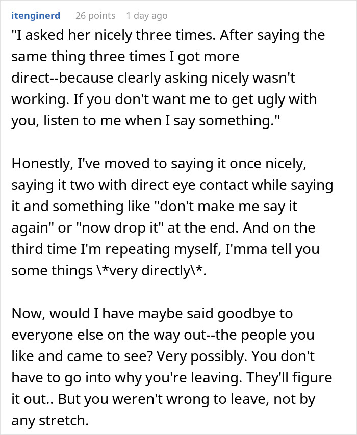 Text excerpt from an online discussion about handling a rude mother ruining a family dinner with direct communication.