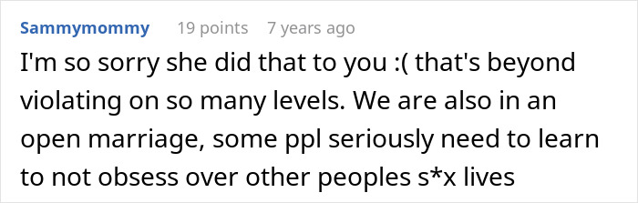 Screenshot of an online comment expressing sympathy about a MIL trying to catfish woman to prove cheating, backfiring badly.