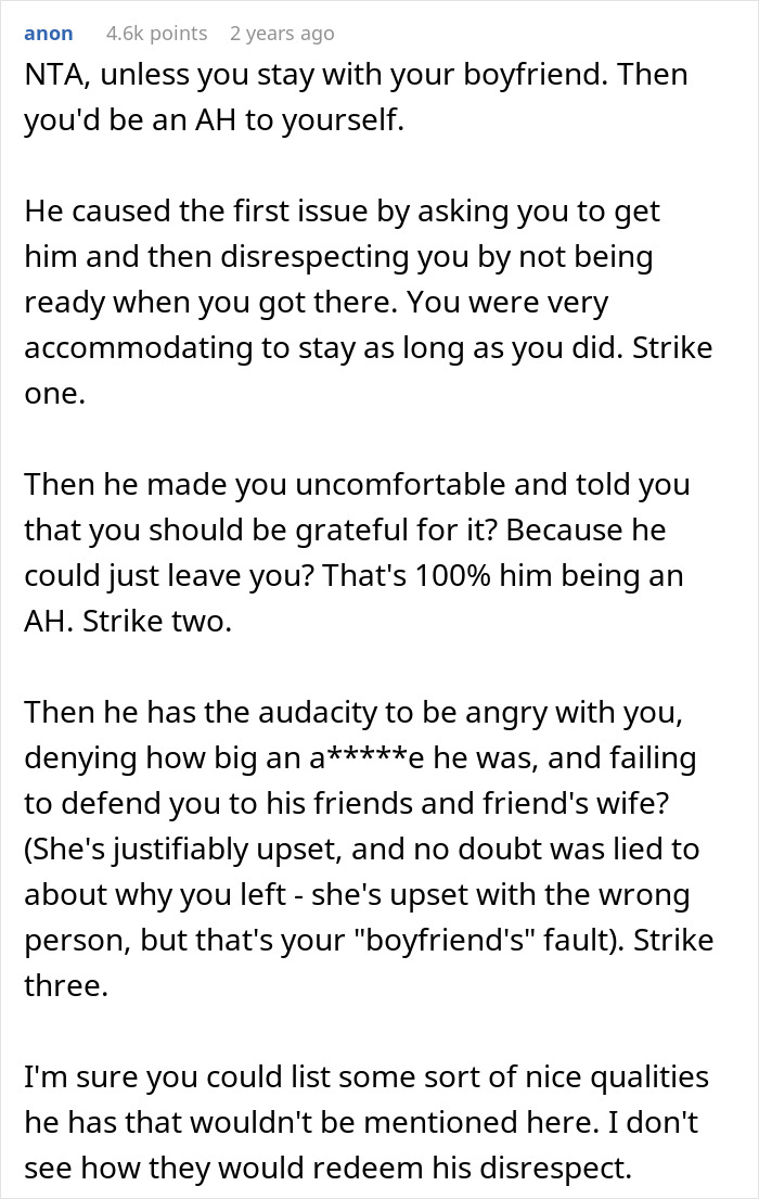 Screenshot of a forum comment discussing a woman telling her drunk boyfriend to stop acting like a jerk and his refusal.