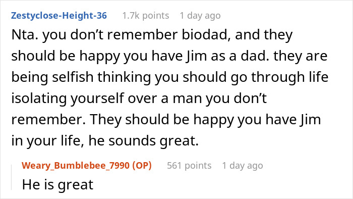 Screenshot of an online discussion where sister screams treason after teen calls stepdad dad, teen suggests therapy instead. Screenshot of an online discussion where sister screams treason after teen calls stepdad dad, teen suggests therapy instead.