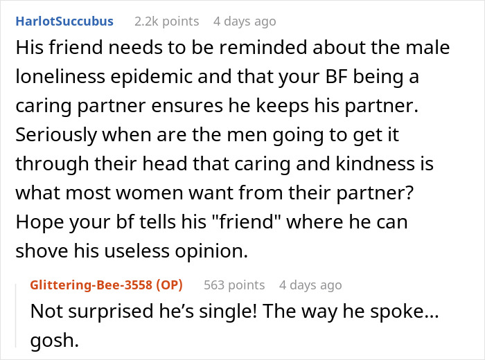 Screenshot of an online discussion about boyfriend bullying and relationship support, emphasizing caring partners. Screenshot of an online discussion about boyfriend bullying and relationship support, emphasizing caring partners.