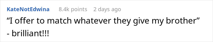 Screenshot of a Reddit comment praising a guy for refusing to help his spoiled brother, sparking parents' anger and debate.