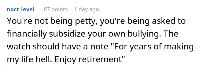 Screenshot of a Reddit comment discussing a woman refusing to contribute $50 to coworker's retirement gift due to past mistreatment.