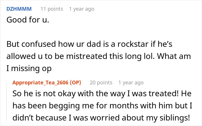 Screenshot of a Reddit conversation discussing a teen escaping a horrible family after a step-father misstep.