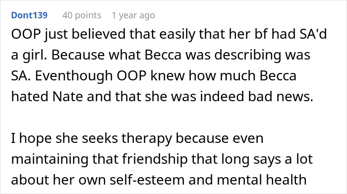 Comment discussing a woman confused about a cheating confession from best friend while her boyfriend denies it.