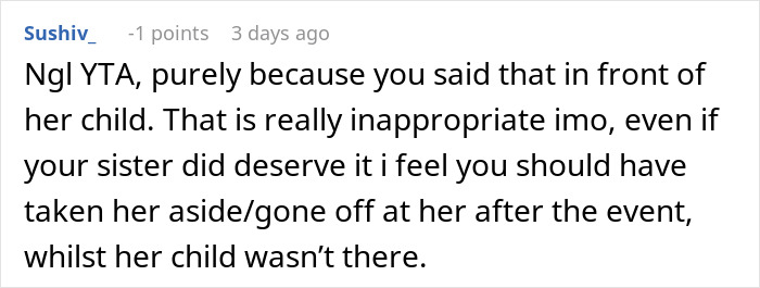 Screenshot of a comment criticizing a woman firing back after her sister insults her, causing confusion for her kids.