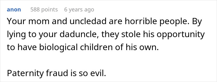 Comment discussing family betrayal and paternity fraud revealed by one DNA test causing major family chaos.
