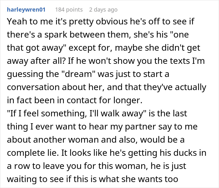 Comment discussing a married man texting a woman he loved years ago and the potential impact on his wife.