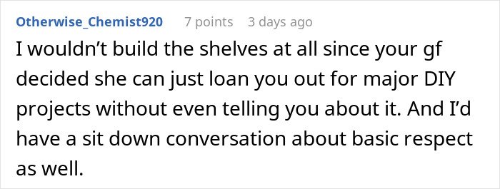 Screenshot of online forum comment discussing disrespect in relationships and refusal of unpaid labor requests from a boyfriend.