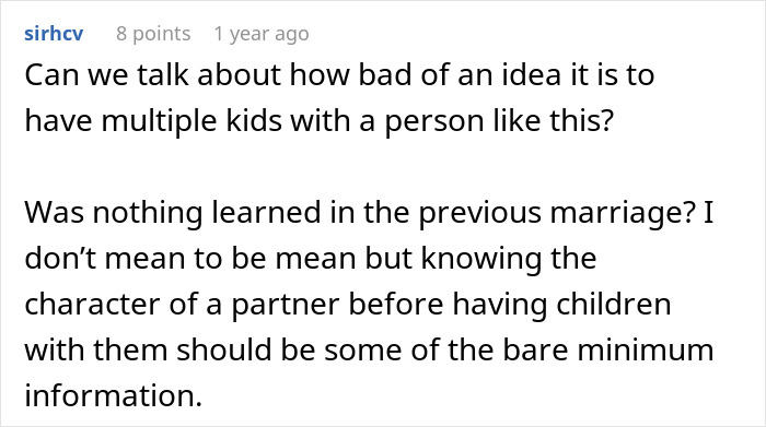 User comment discussing concerns about having multiple kids with a partner who makes 5x her salary, related to ski pass issue.