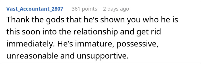 Screenshot of online comment discussing immature and possessive boyfriend in relationship with actress girlfriend changing in front of other men.