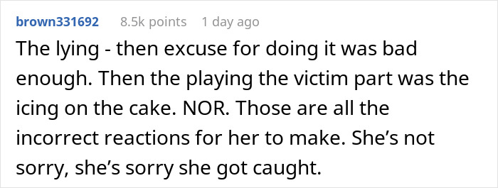 Comment text expressing disgust as boyfriend confronts thief girlfriend playing victim after using his credit card.