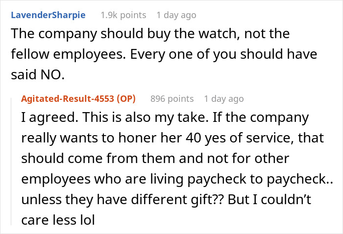 Comments discussing refusal to contribute $50 to a coworker's retirement gift after difficult work experience.