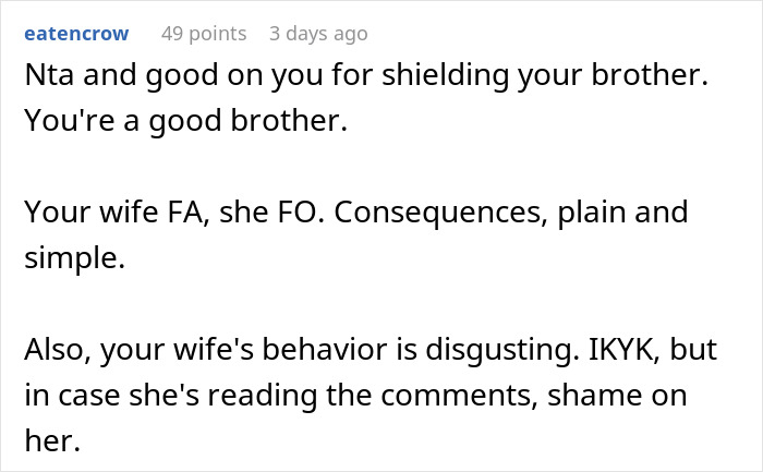Commenter defending husband for protecting brother while criticizing wife’s behavior after wedding outfit reveal.