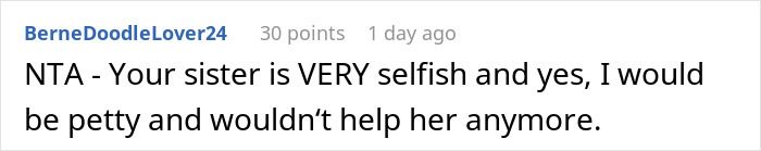 Screenshot of a Reddit comment about a woman asking favors from family and not reciprocating when they need help.