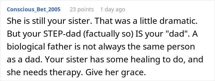 Comment explaining sister’s reaction to teen calling stepdad dad and suggesting therapy instead of screaming Comment explaining sister’s reaction to teen calling stepdad dad and suggesting therapy instead of screaming