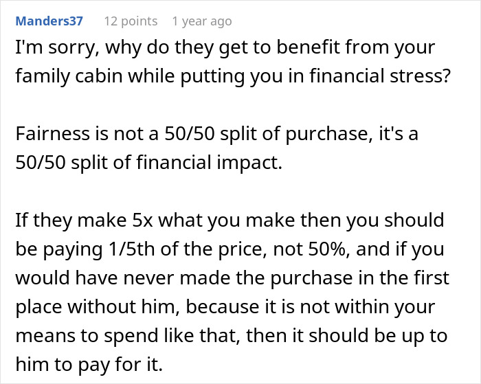 Comment discussing fairness in financial impact when partner makes five times the salary, related to ski pass costs.