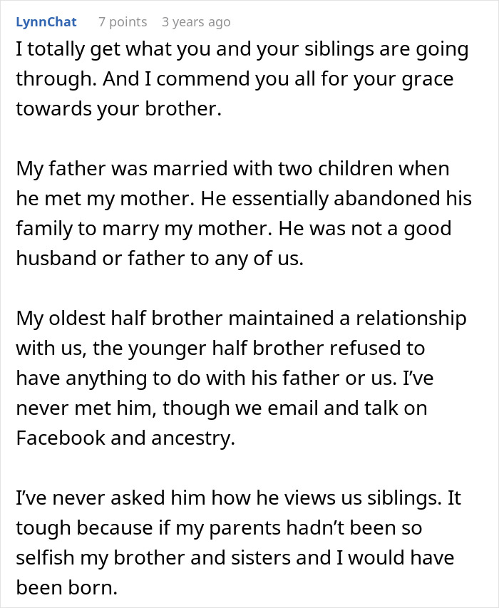 Commenter sharing experience about father with secret son, family struggles, and fractured sibling relationships over decades.