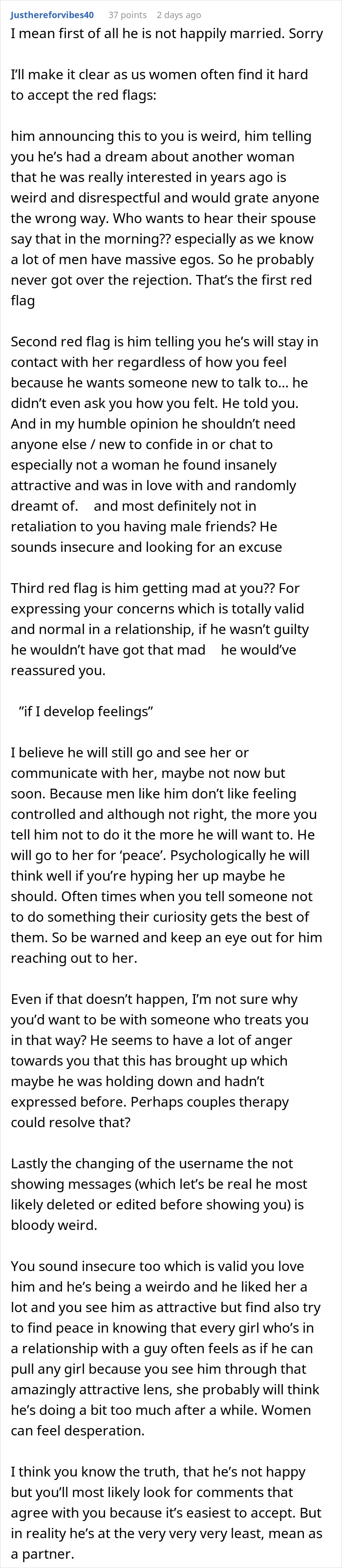 Screenshot of a discussion about a married man texting a woman he loved 15 years ago and concern from his wife.