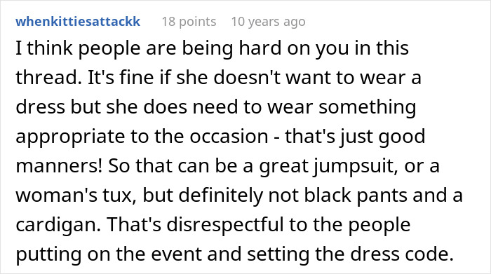Screenshot of a Reddit comment discussing a girlfriend refusing to wear dresses for a wedding and appropriate attire alternatives.