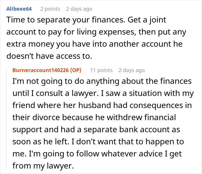 Screenshot of an online forum discussion about financial issues involving a jobless spouse draining emergency funds.
