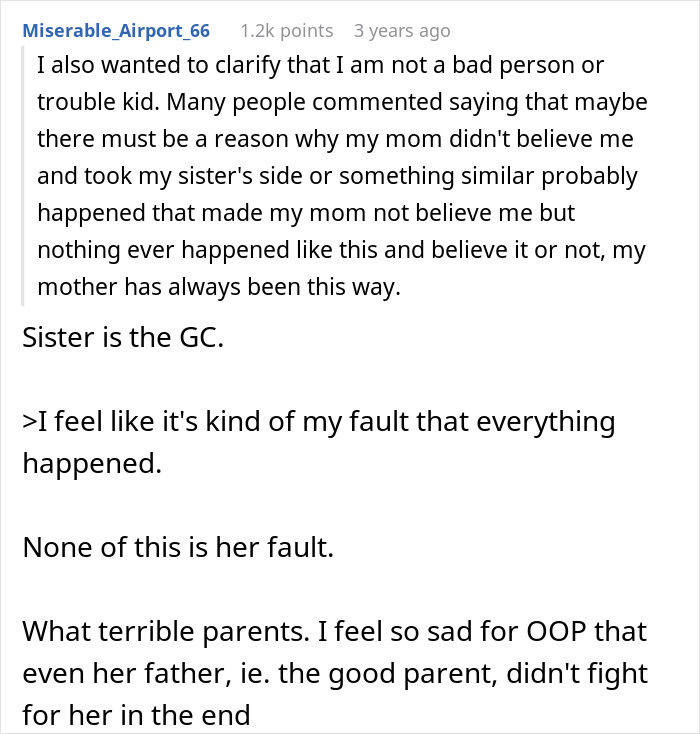 Reddit user confessing feelings of blame and family troubles involving younger sister in a difficult sibling relationship.