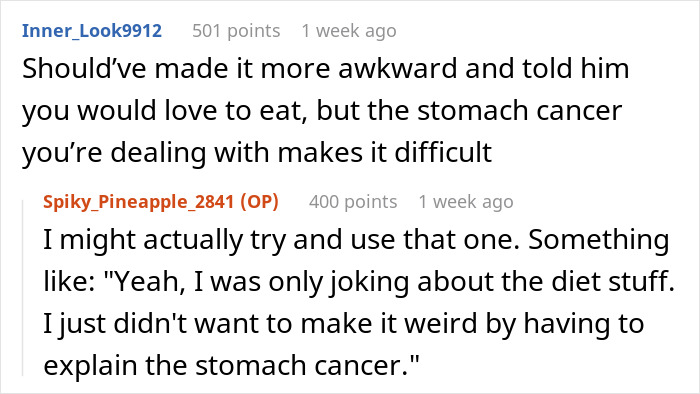 Screenshot of a conversation where a man jokes about diet and stomach cancer after his boss comments on his low weight.