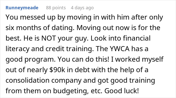 Comment about boyfriend giving girlfriend time to fix finances, encouraging financial literacy and credit training support.