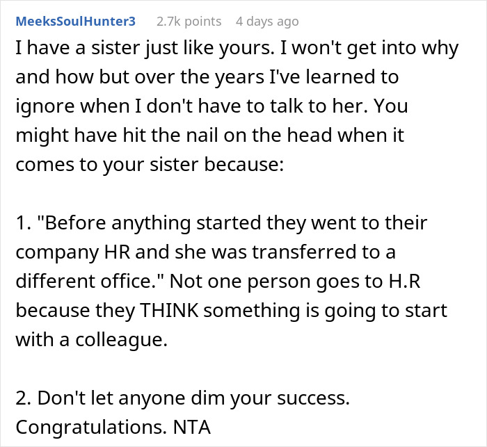 Comment discussing a woman firing back after her sister insults her, causing confusion among her kids and embarrassment for her husband.