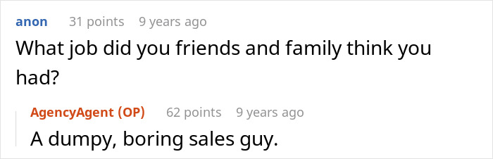 Text exchange showing a former CIA case officer answering internet questions about his undercover job and cover identity.