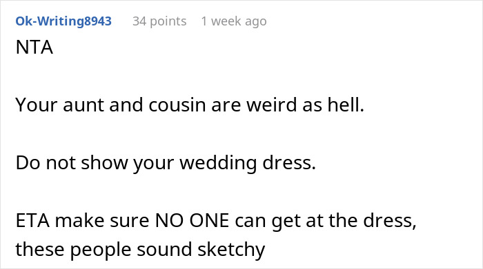 Comment warning about attention-seeking mom wanting to dress 3-year-old daughter in same dress as the bride.