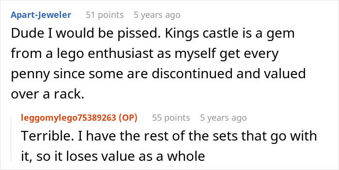 Reddit users discuss the value and theft of expensive Lego sets linked to cheating ex-wife's boyfriend case.