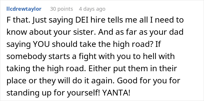 Commenter standing up for woman after sister insults her, sparking reaction that leaves her husband red and kids confused.