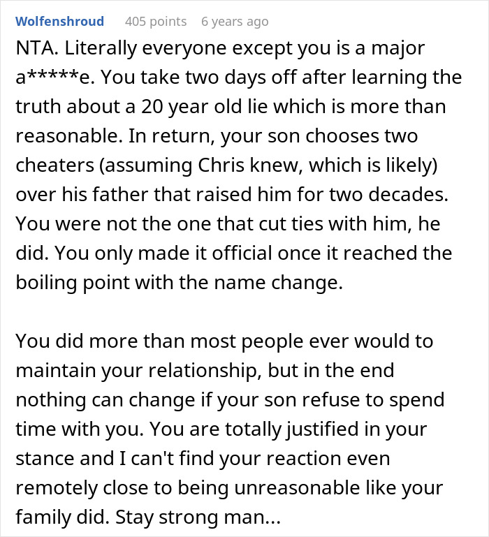 Comment explaining drama over last name and bio dad, discussing relationship struggles and family conflict online.