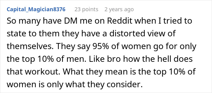 Reddit comment discussing distorted self-views and gender dynamics in incel forums from an undercover perspective.