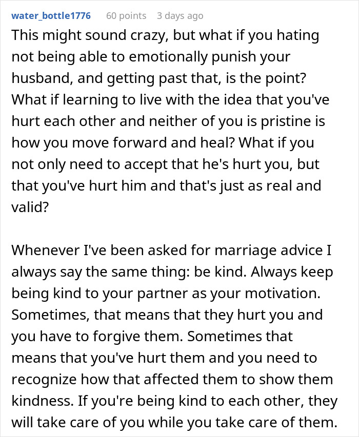 Text post discussing emotional healing and kindness in relationships after cheating, featuring internet reactions and therapist views.