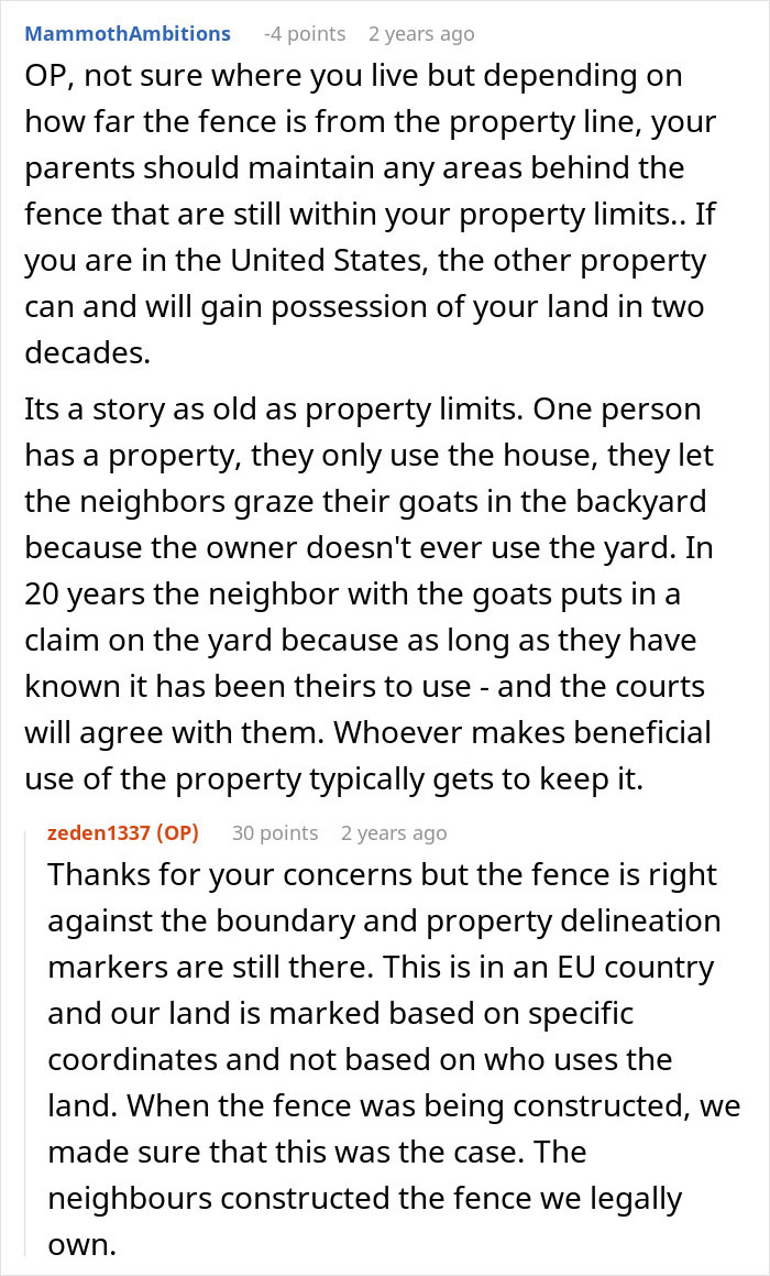 Reddit discussion about neighbors forcing a woman to trim living hedge dividing their properties and property boundary disputes.