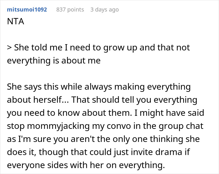 Screenshot of a Reddit comment discussing a mom interrupting her sister, constantly bringing up her kids in conversations.