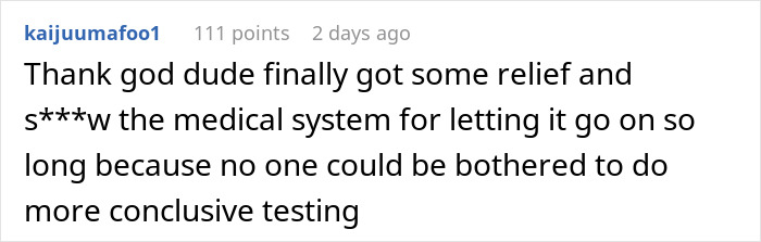 Screenshot of an online comment about a man&rsquo;s 35 years of throat pain and his medical mystery finally solved.