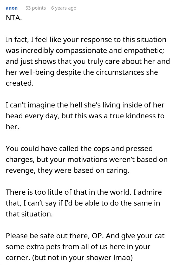 Comment discussing compassionate response to a woman going from psychiatric nurse to psychiatric patient after boyfriend discovers her secret.