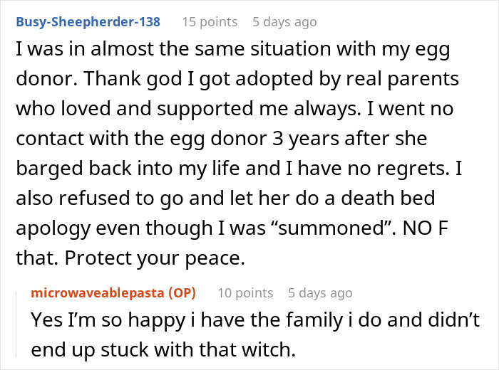 Screenshot of a Reddit conversation about birth mom claims DNA equals ATM access and adoptee's reaction to sudden cash grab.