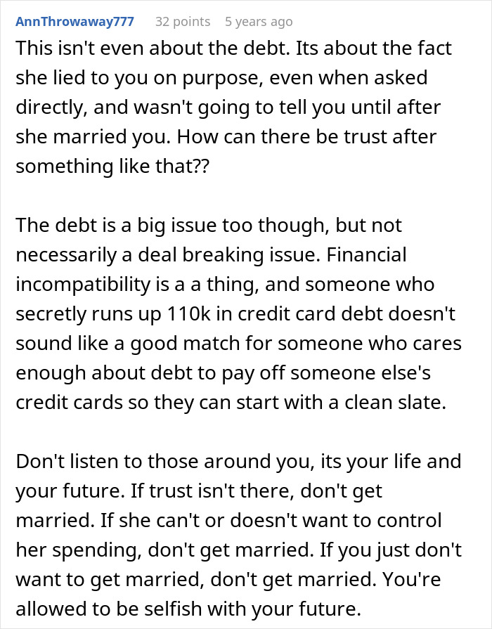 Comment about trust issues causing guy to call off wedding after fianc&eacute;e's secret financial debt revealed.